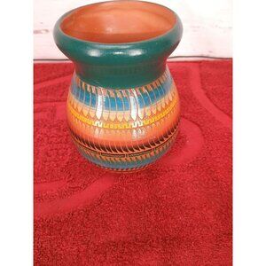 Handcrafted Navajo Pottery Vase By Largo Dine - Multicolor Etched Design - 5" Ta